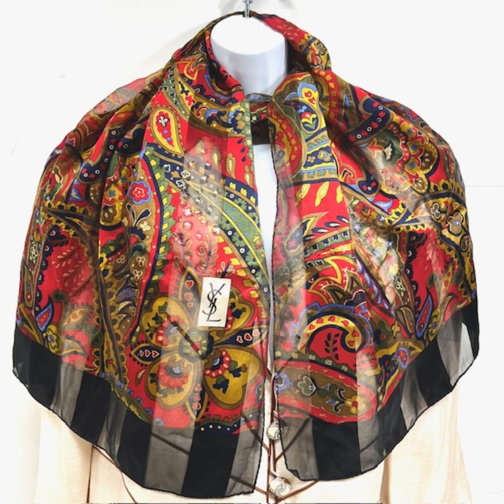 Unused Yves Saint Laurent 100% Silk Chiffon/Satin scarf 68x23 Black Red Flora(32